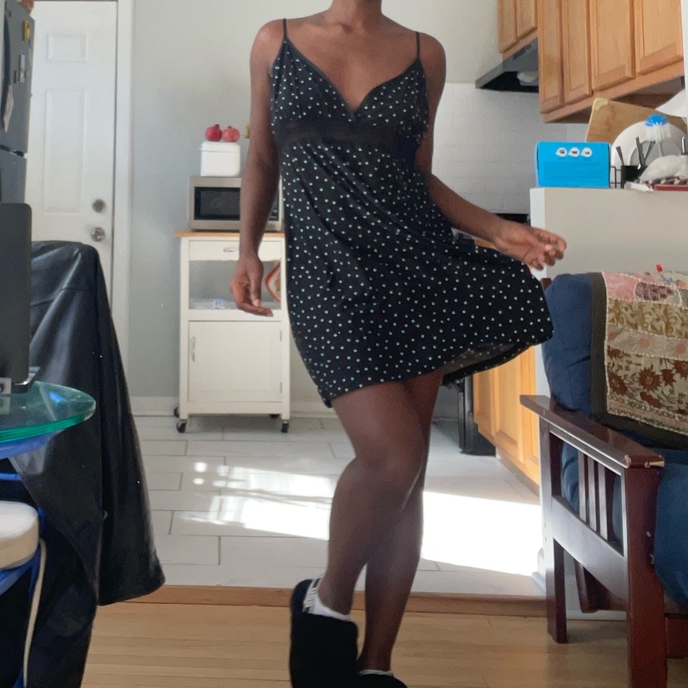 California Dynasty Elegant Black and Blue Polka Dot Nightgown